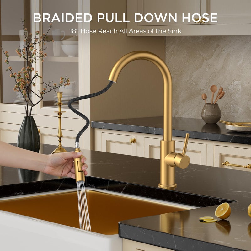 FORIOUS Gold Kitchen Faucet with Pull Down Sprayer, Brushed Brass High Arc Gooseneck Modern Sink Faucet with CUPC Ceramic Cartridge, Single Handle Stainless Steel and Deck Plate - Image 3